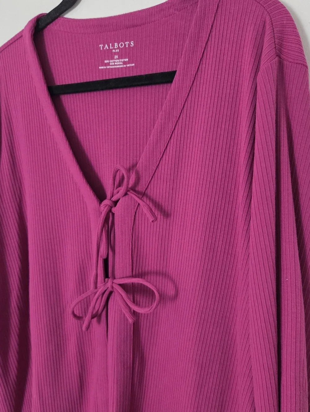 Talbots Women's Long Sleeve Magenta Tie-Front Ribbed V-Neck Top 2x